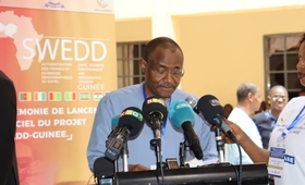 Le Premier Ministre @MohamedBeavogui, prononçant le discours de lancement du projet SWEDD Guinée à Labé - 20 mai 2022